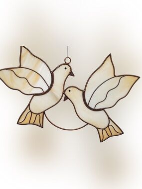 Vintage Capiz Shell Peace Doves Suncatcher Ornament 1980s Mother of Pearl Birds